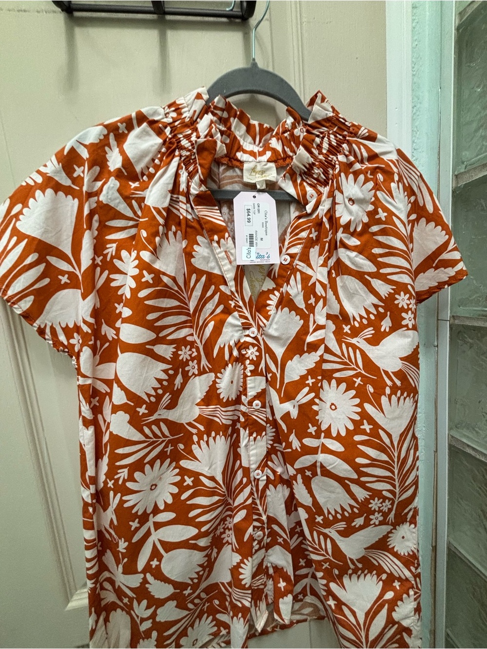 Button-Front Floral & Bird Print Top in Rust Orange and White